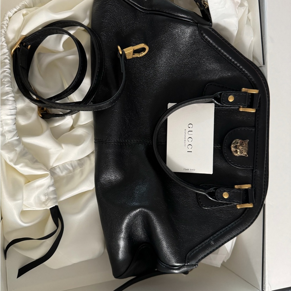 Gucci Black Leather Shoulder Bag with Gold Accents